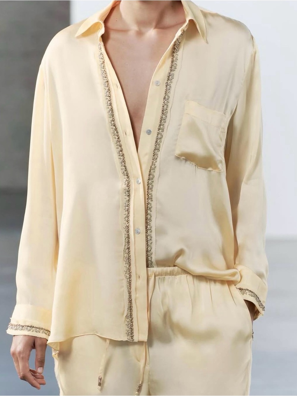 Zara satin soft yellow shirt with Trim